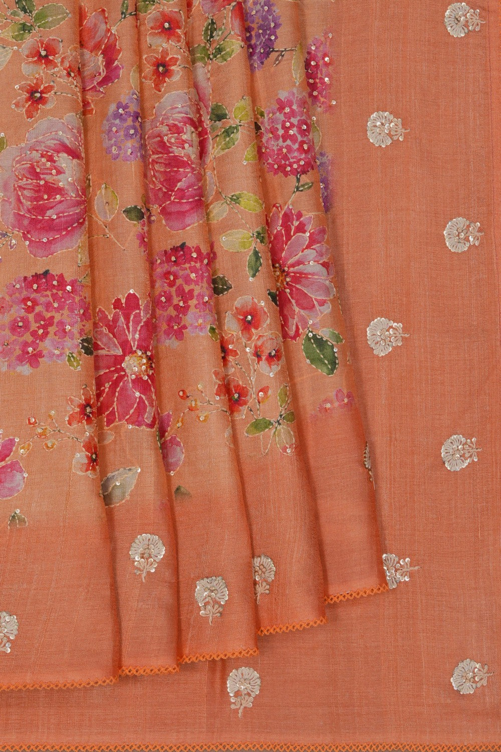Image of A Tussar Embroidery Peach Saree