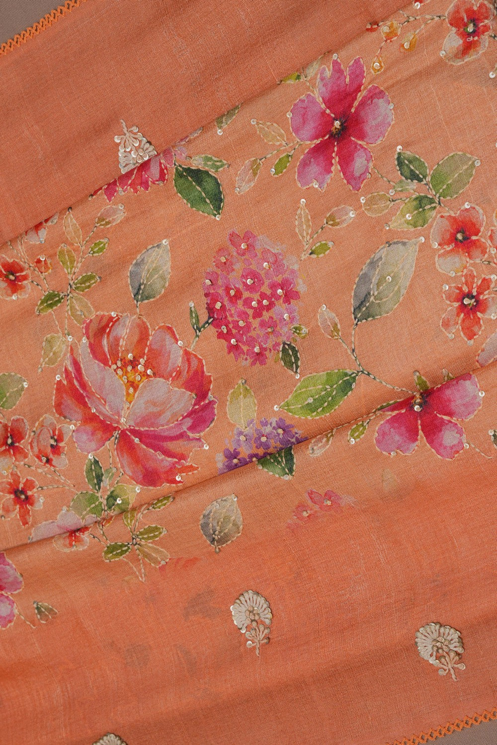 Image of A Tussar Embroidery Peach Saree