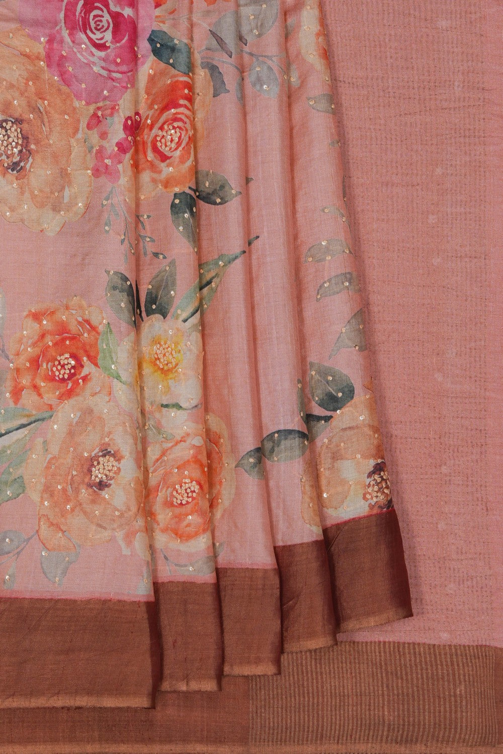 Image of A Tussar Embroidery Pink Saree