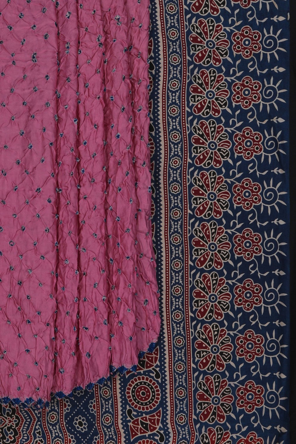 Image of Ajrakh-inspired Printed Bandhani Saree