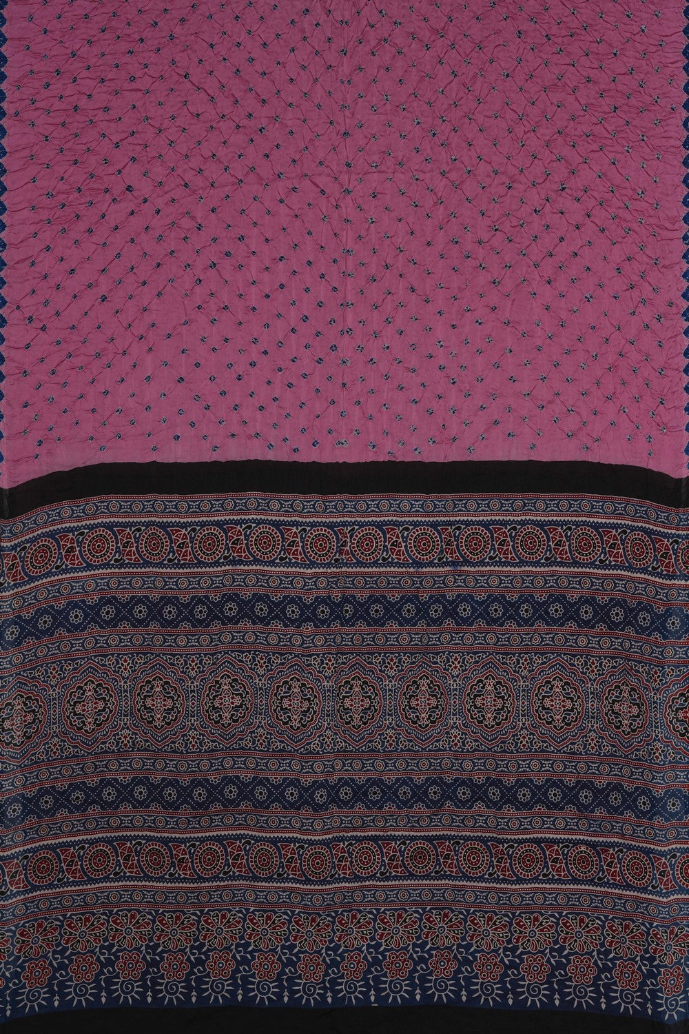 Image of Ajrakh-inspired Printed Bandhani Saree