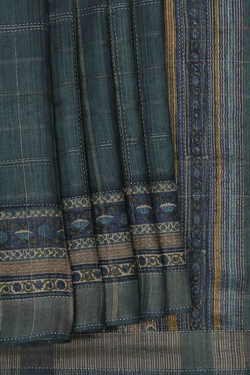 Image of A Tussar Embroidery Teal Blue Saree