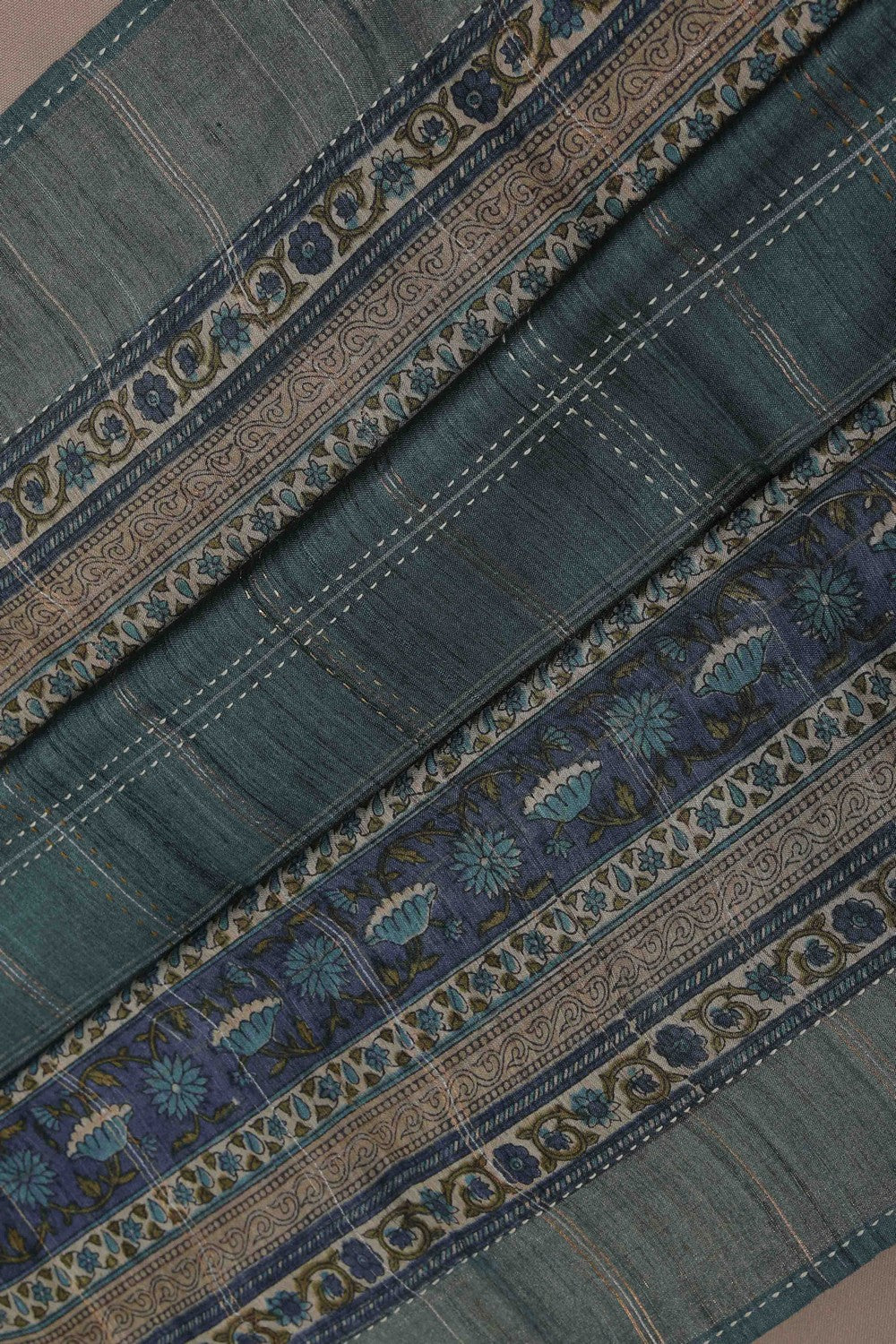 Image of A Tussar Embroidery Teal Blue Saree