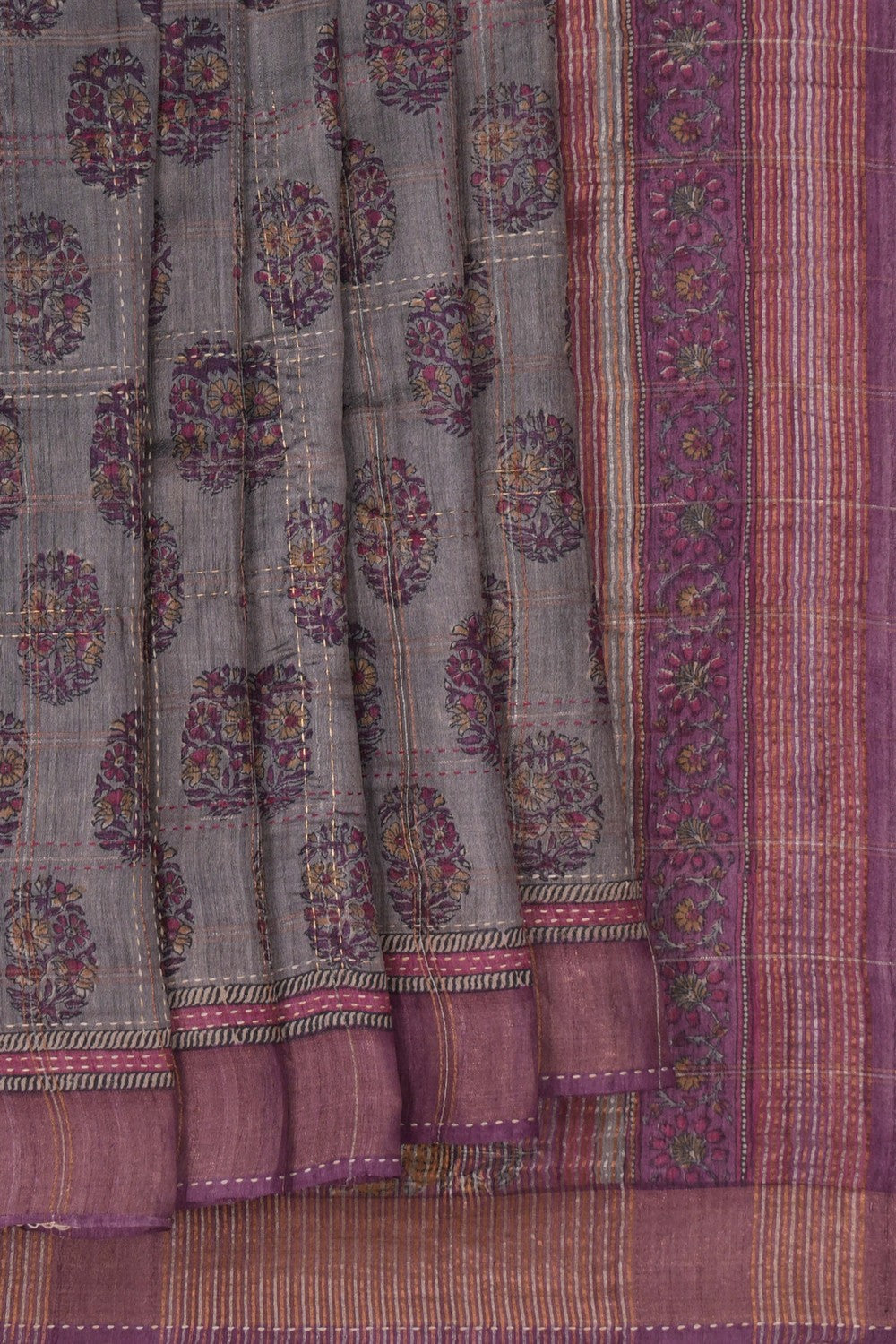 A Tussar Embroidery Grey Saree