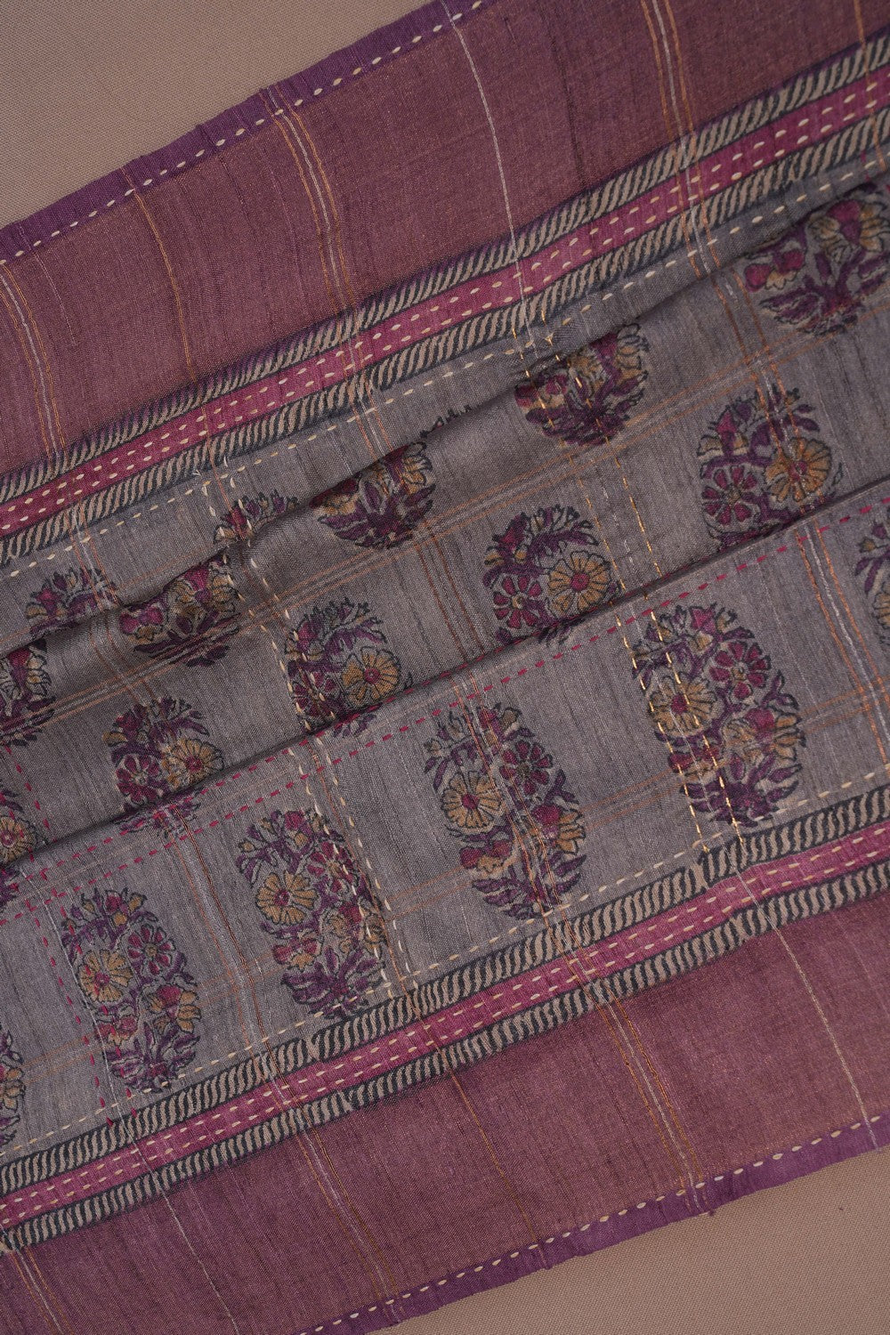 Image of A Tussar Embroidery Grey Saree