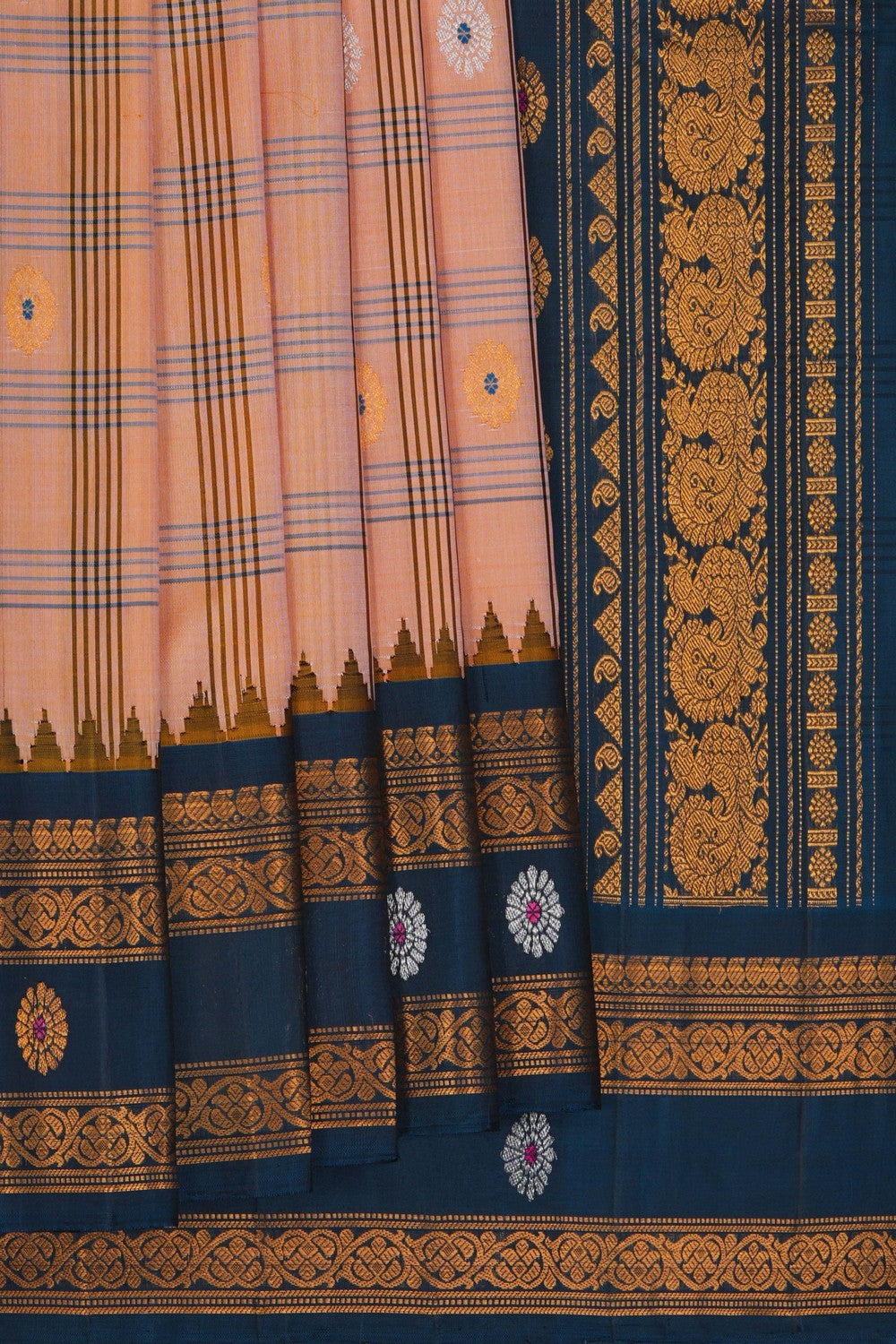 Image of Gadwal Silk Kattam Peach Saree