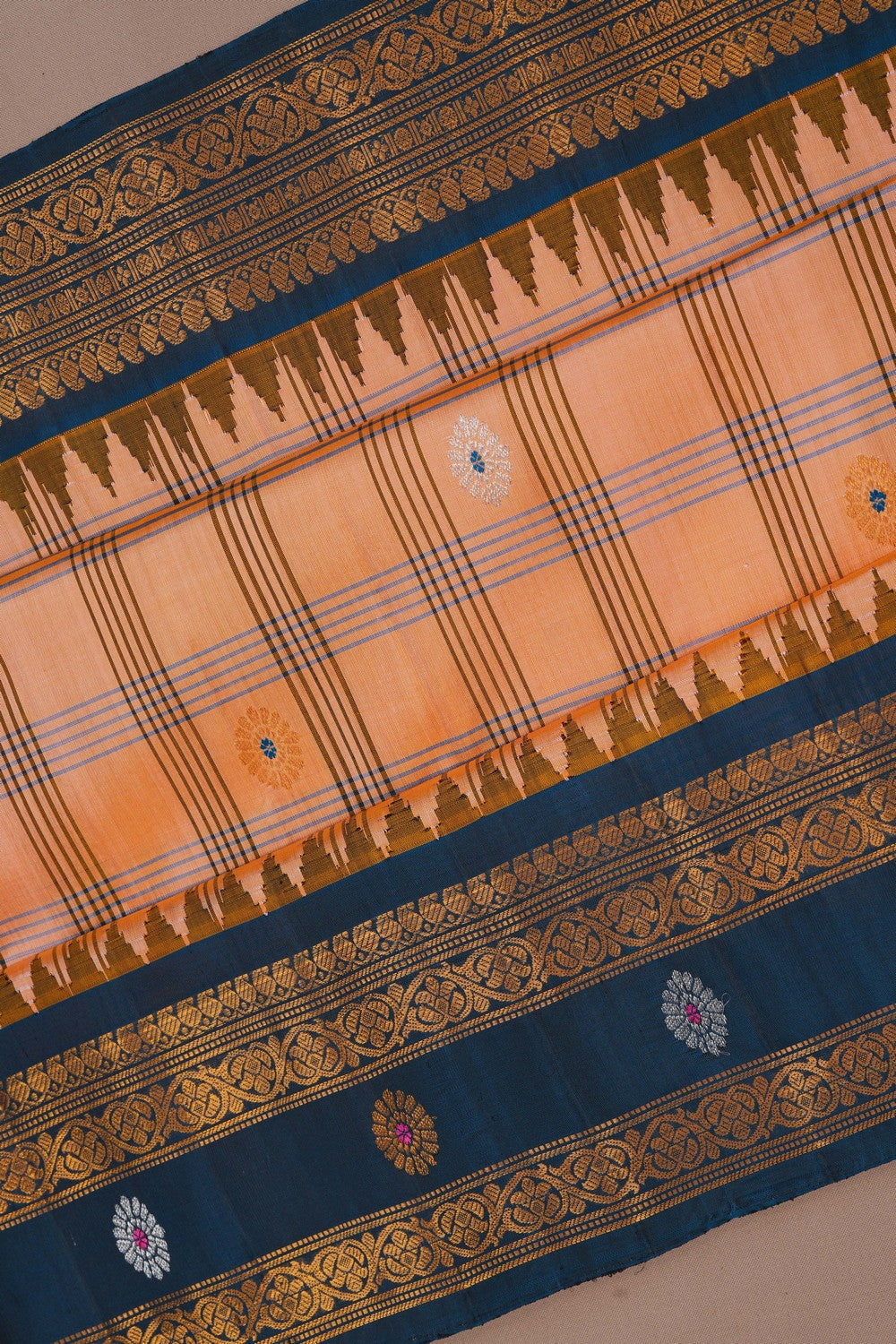 Image of Gadwal Silk Kattam Peach Saree