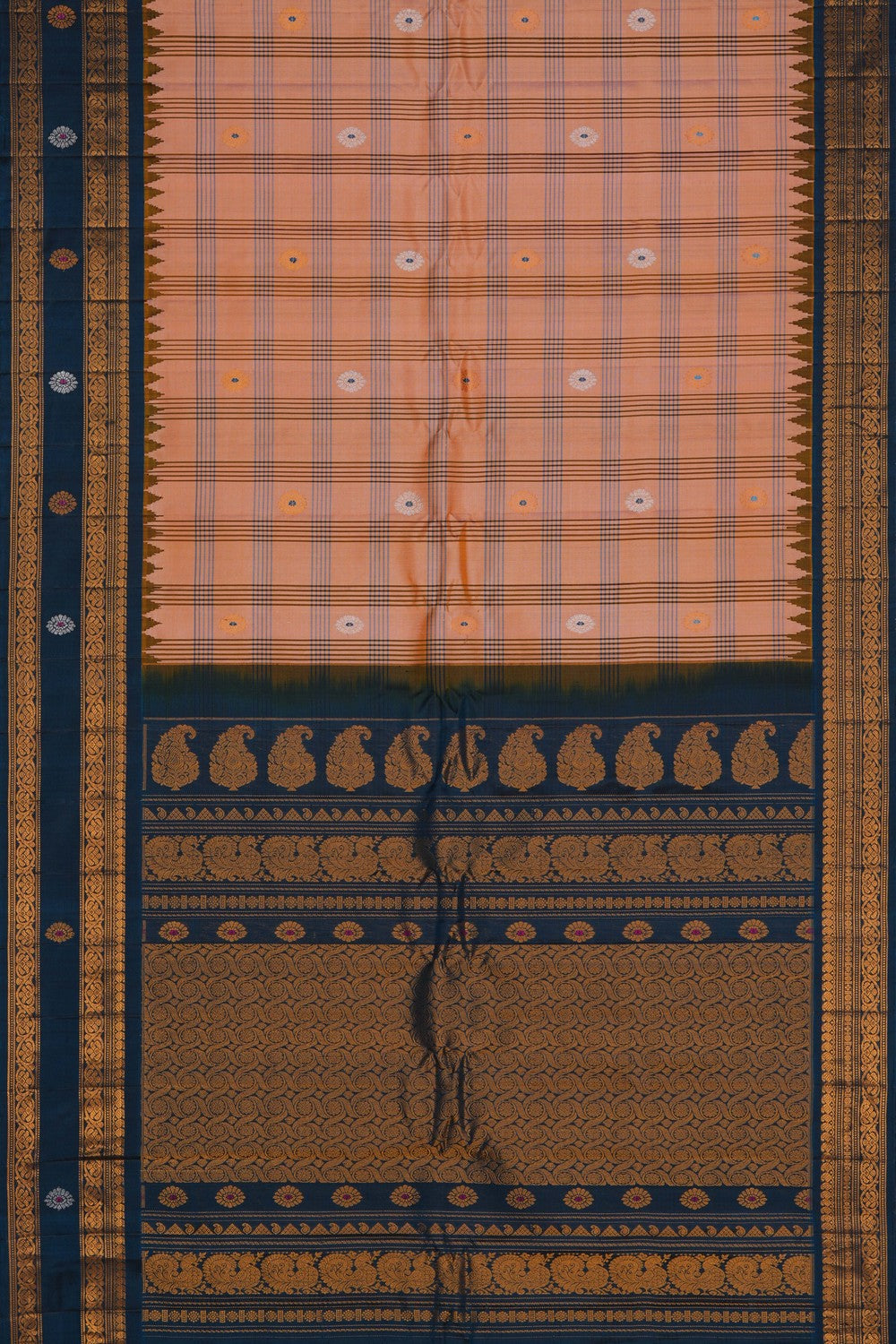 Image of Gadwal Silk Kattam Peach Saree