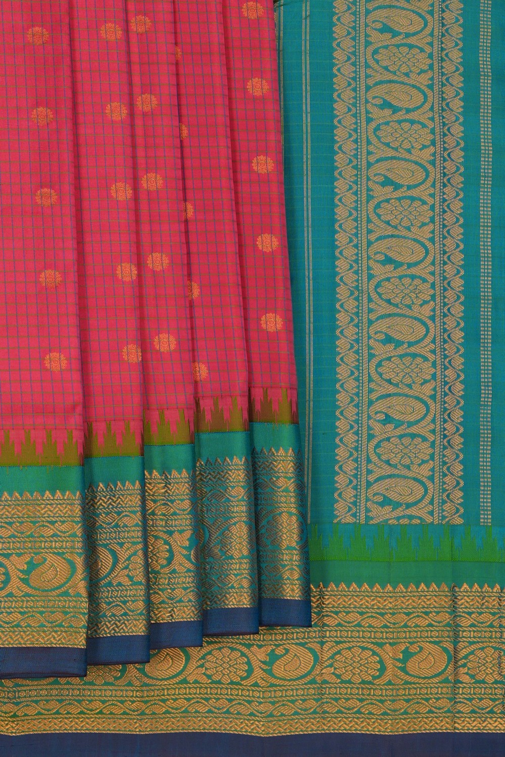 Image of Gadwal Silk Kattam Fuchsia-Pink Saree