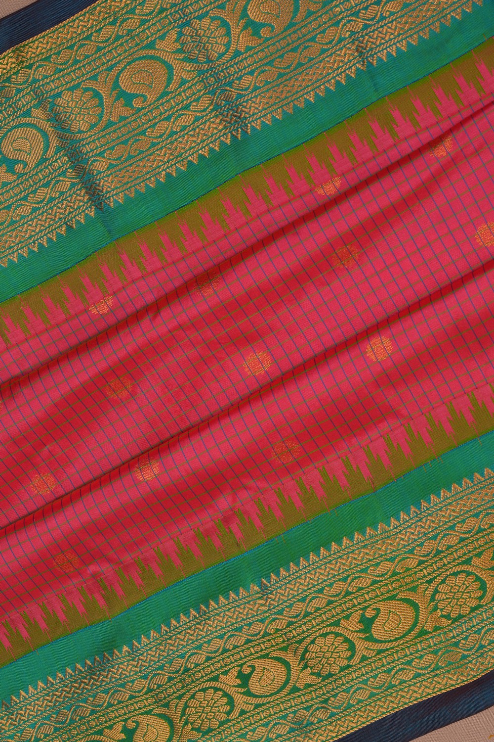 Image of Gadwal Silk Kattam Fuchsia-Pink Saree