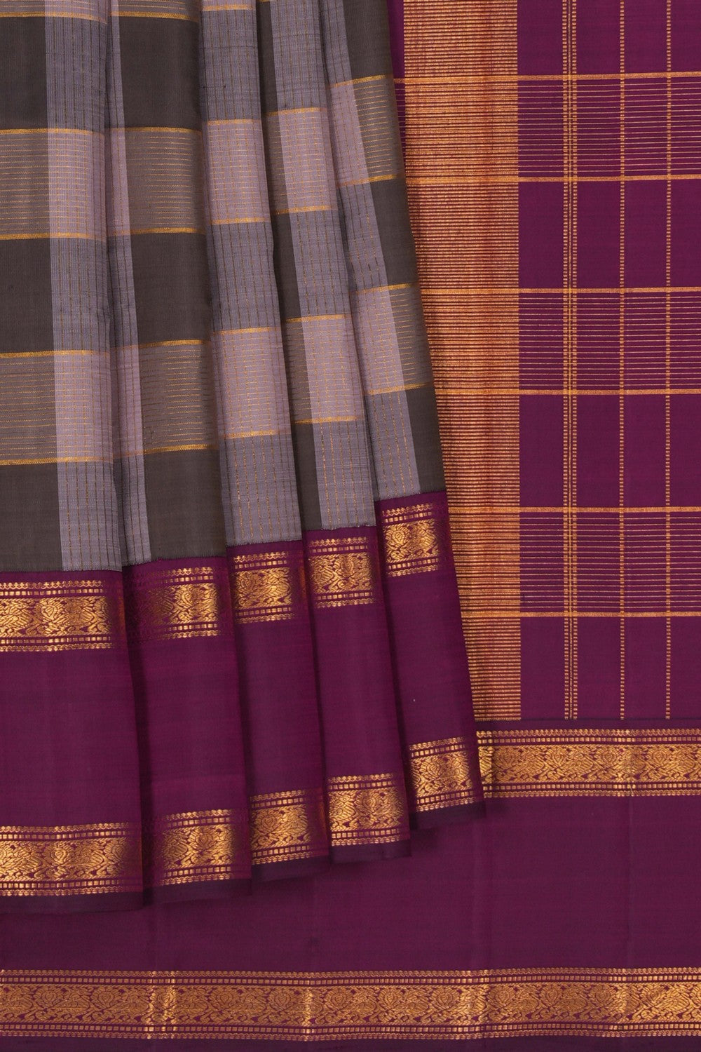 Image of Kanchipuram Silk Kattam Grey Saree