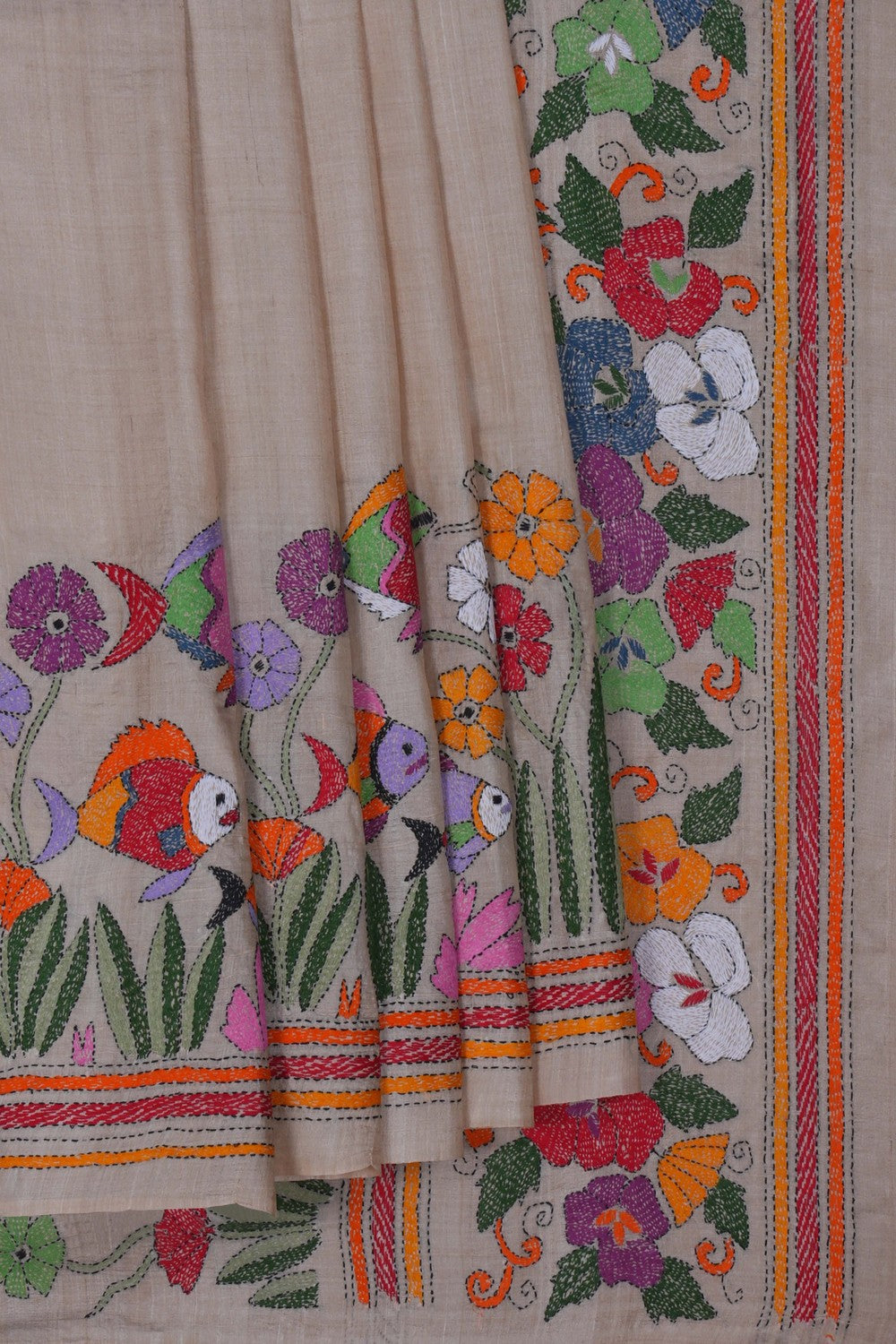 Image of Tussar Silk Kantha Embroidery Saree