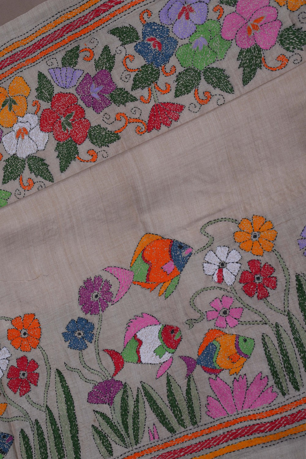 Image of Tussar Silk Kantha Embroidery Saree
