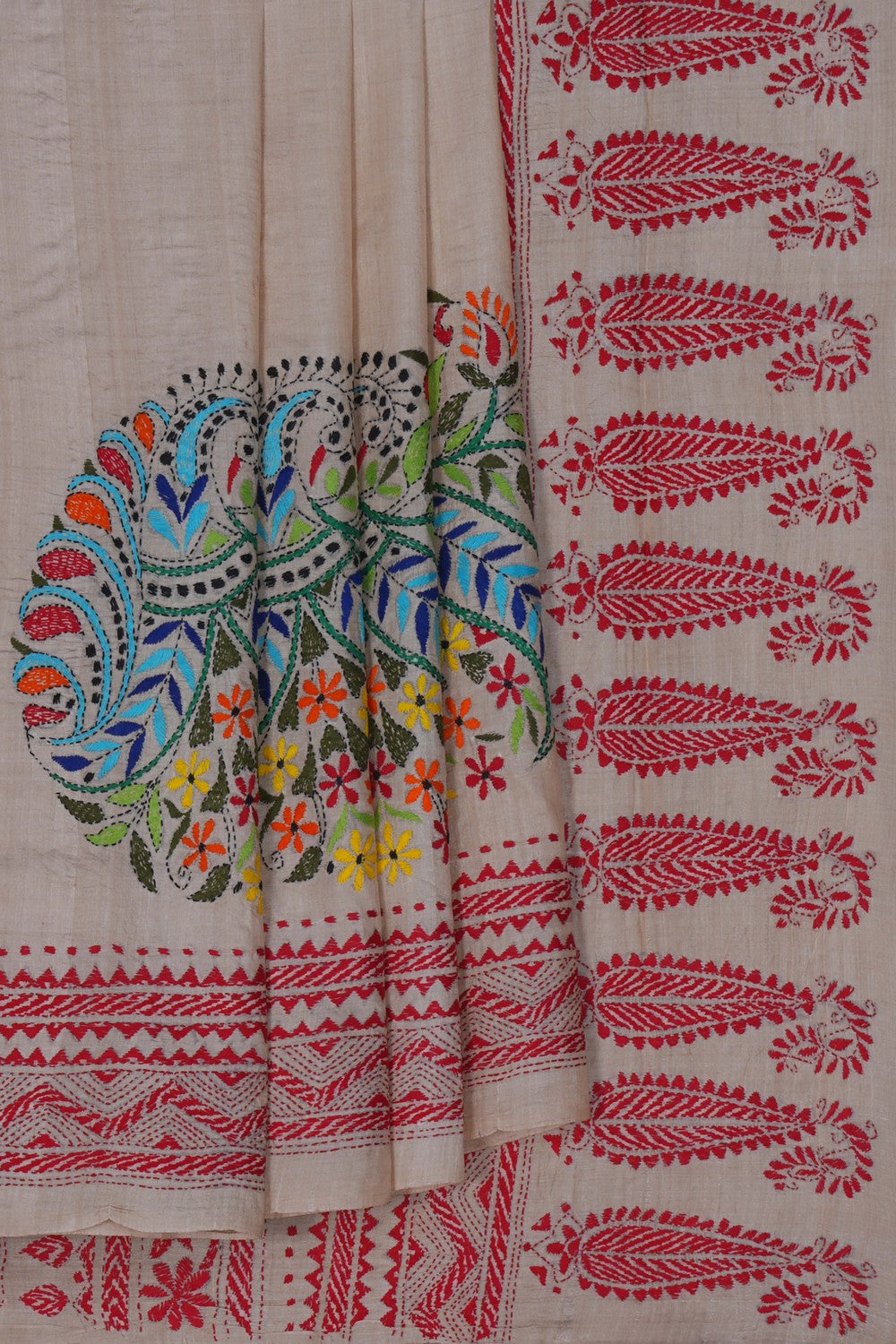 Image of Tussar Silk Kantha Embroidery Saree