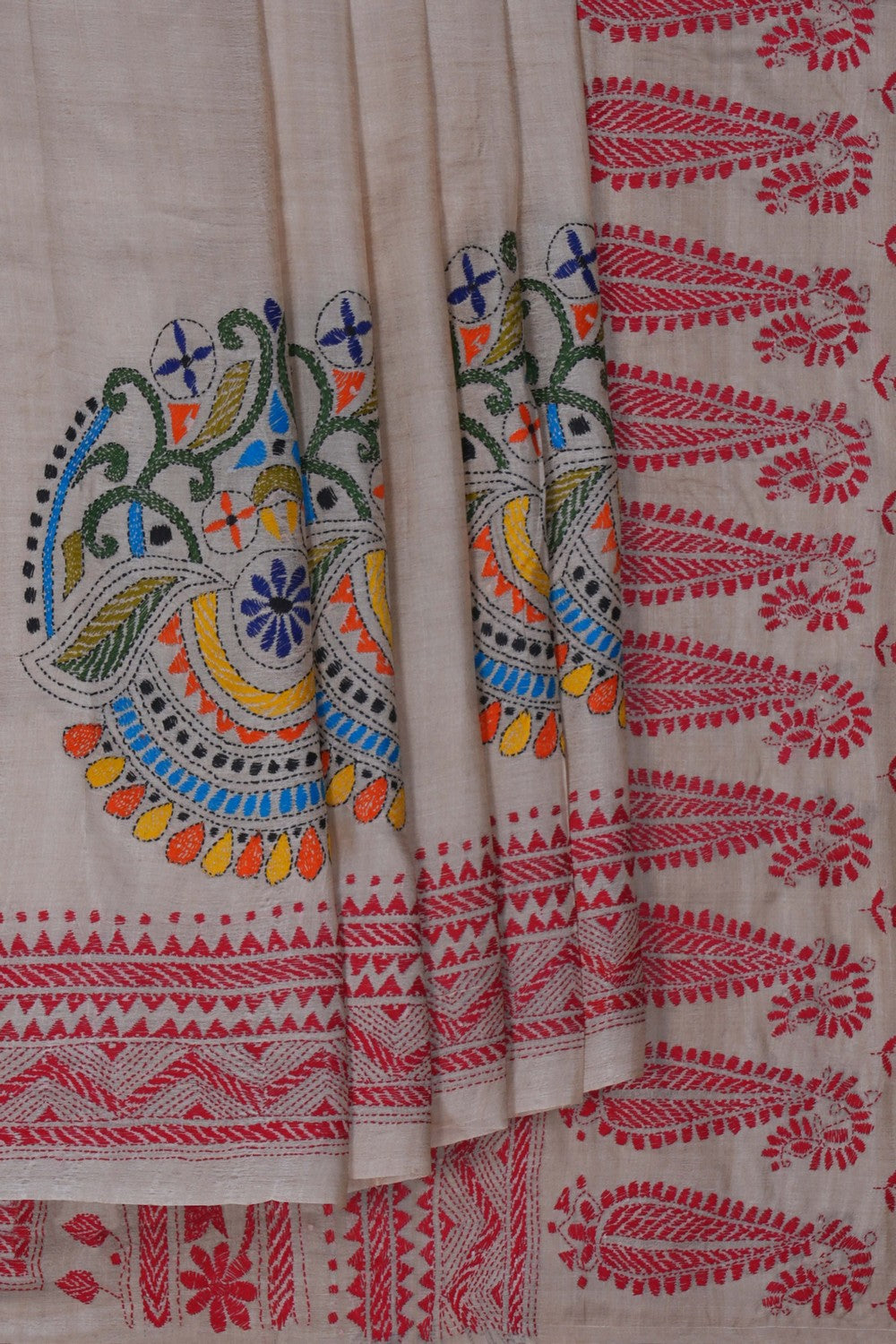Image of Tussar Silk Kantha Embroidery Saree