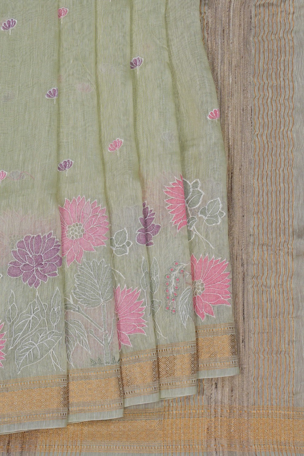 Image of Linen Embroidered Aqua-Green Saree