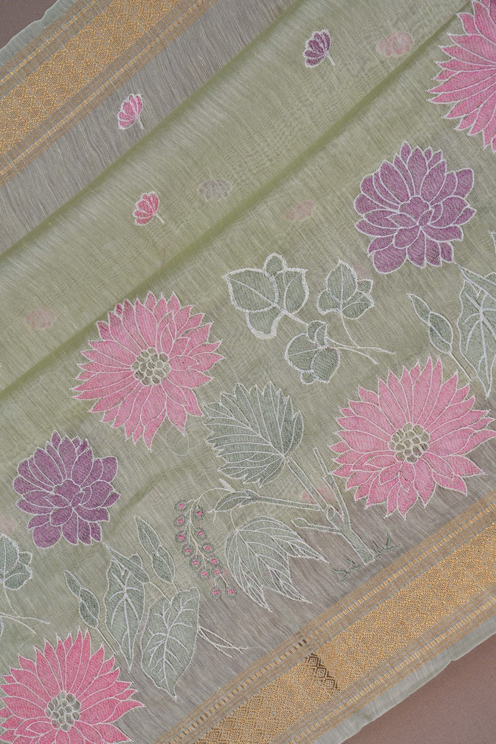 Image of Linen Embroidered Aqua-Green Saree