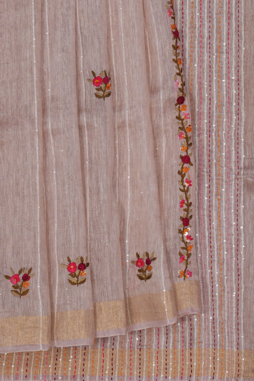 Image of Linen Embroidered Beige Saree