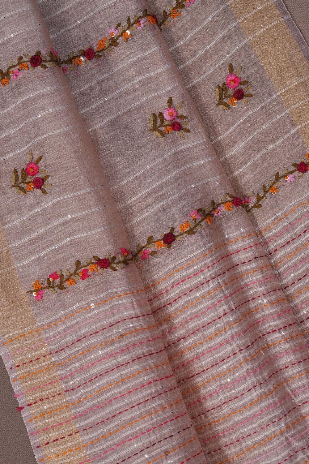 Image of Linen Embroidered Beige Saree