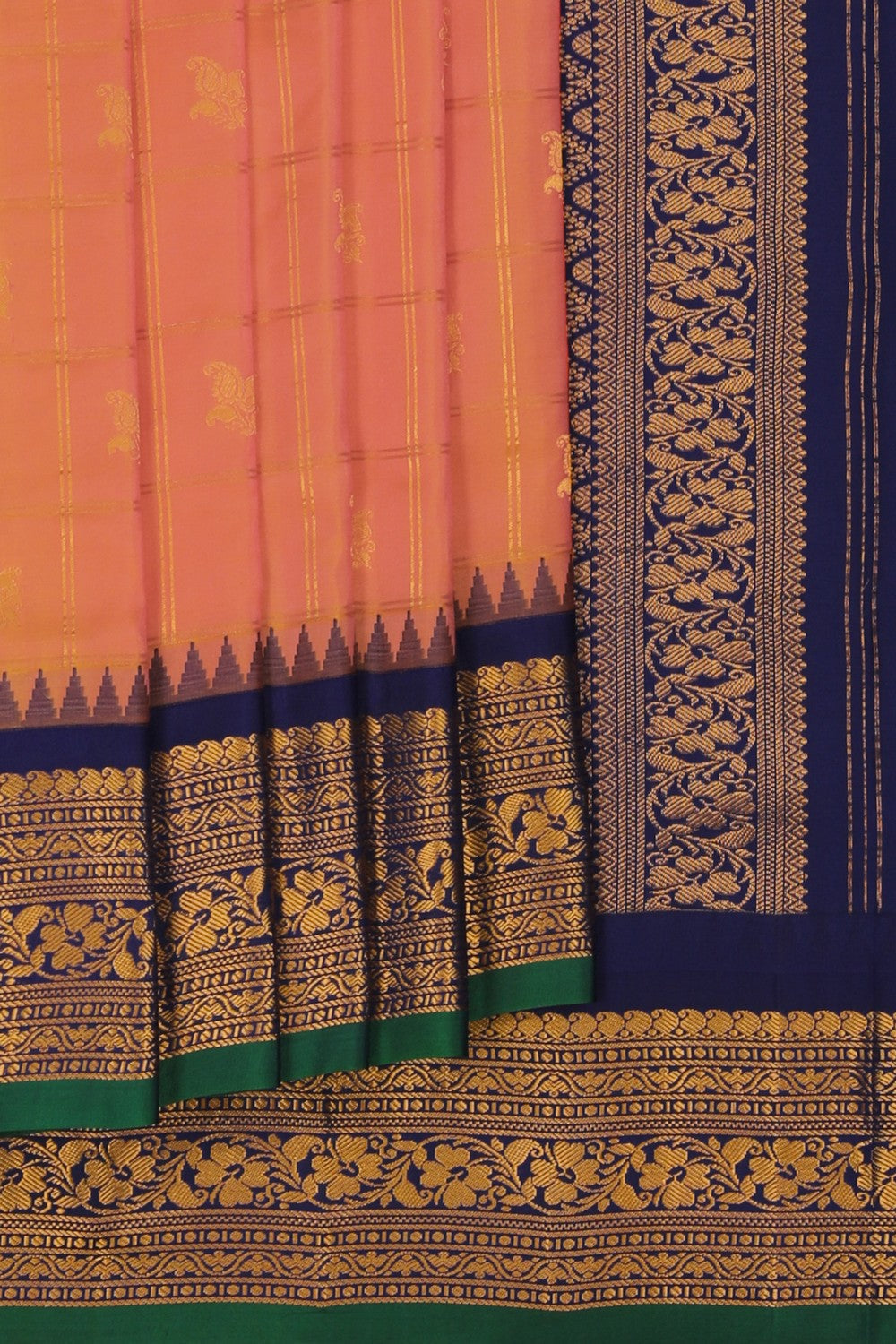 Image of Gadwal Silk Kattam Peach Saree