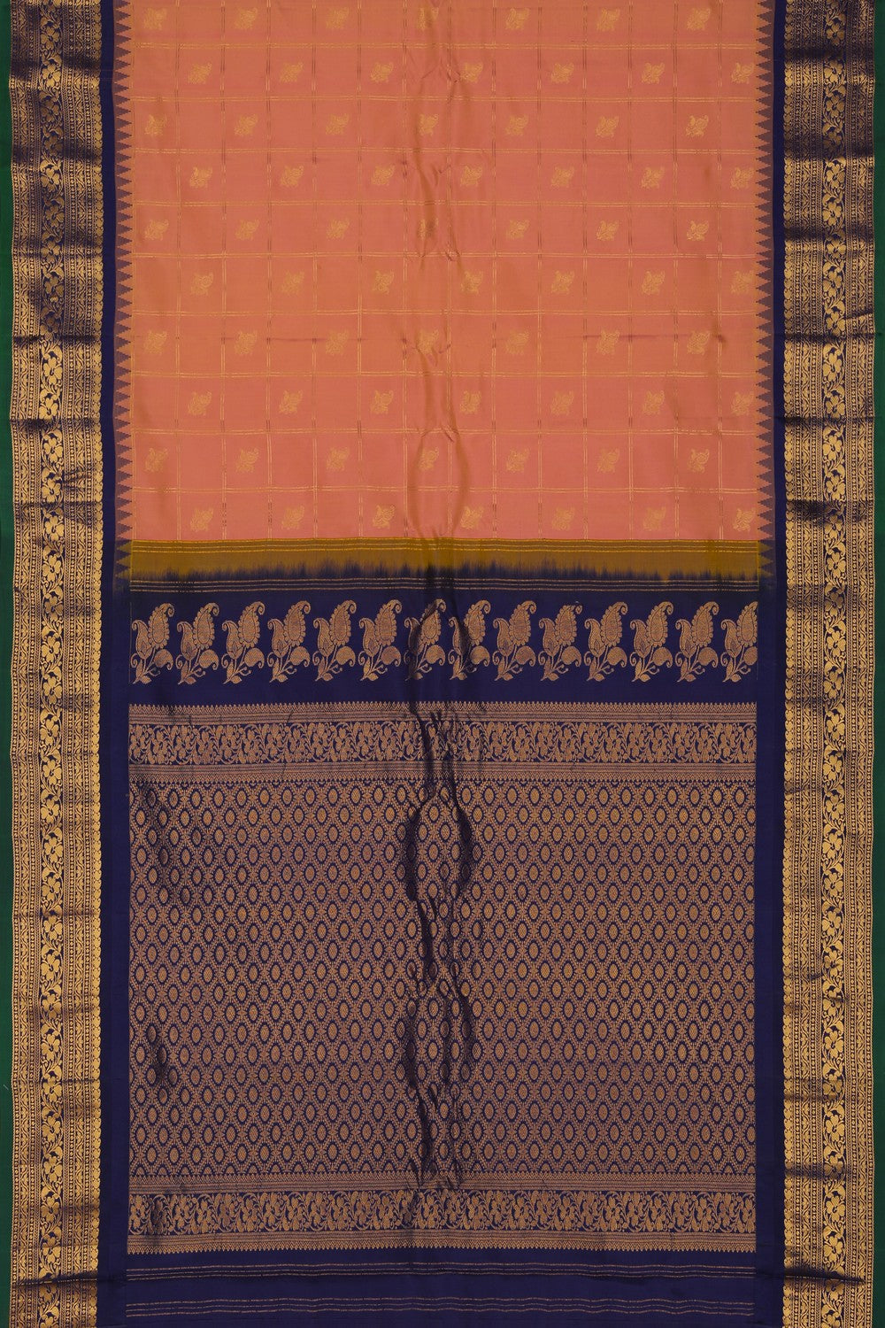 Image of Gadwal Silk Kattam Peach Saree