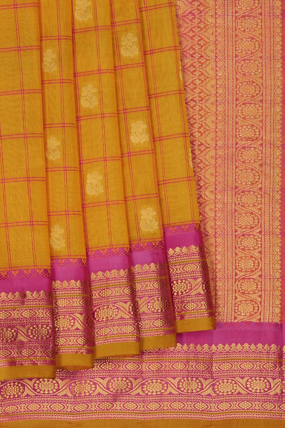 Image of Gadwal Cotton Silk Kattam Mustard Saree