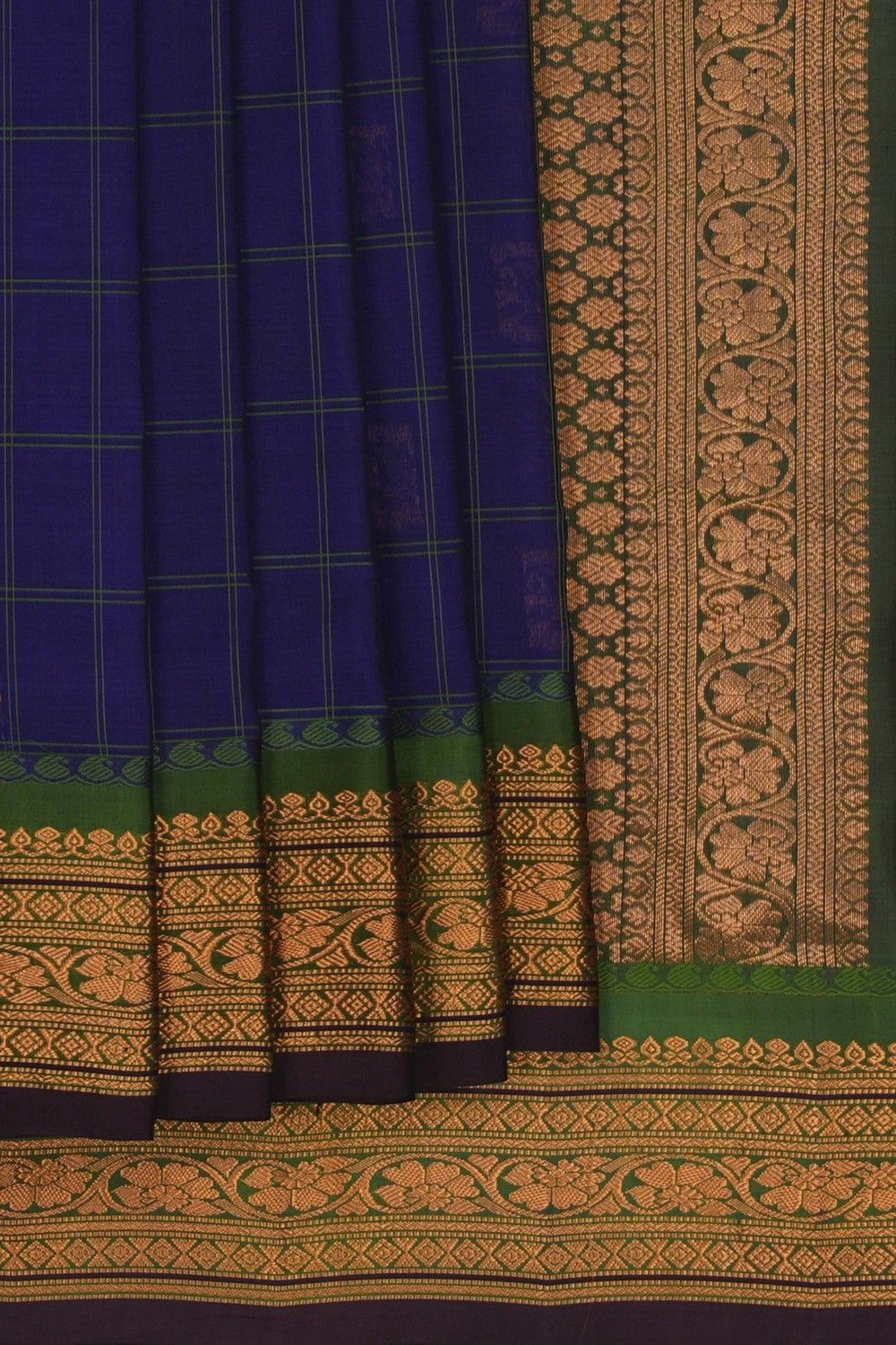 Image of Gadwal Cotton Silk Kattam Indigo Blue Saree