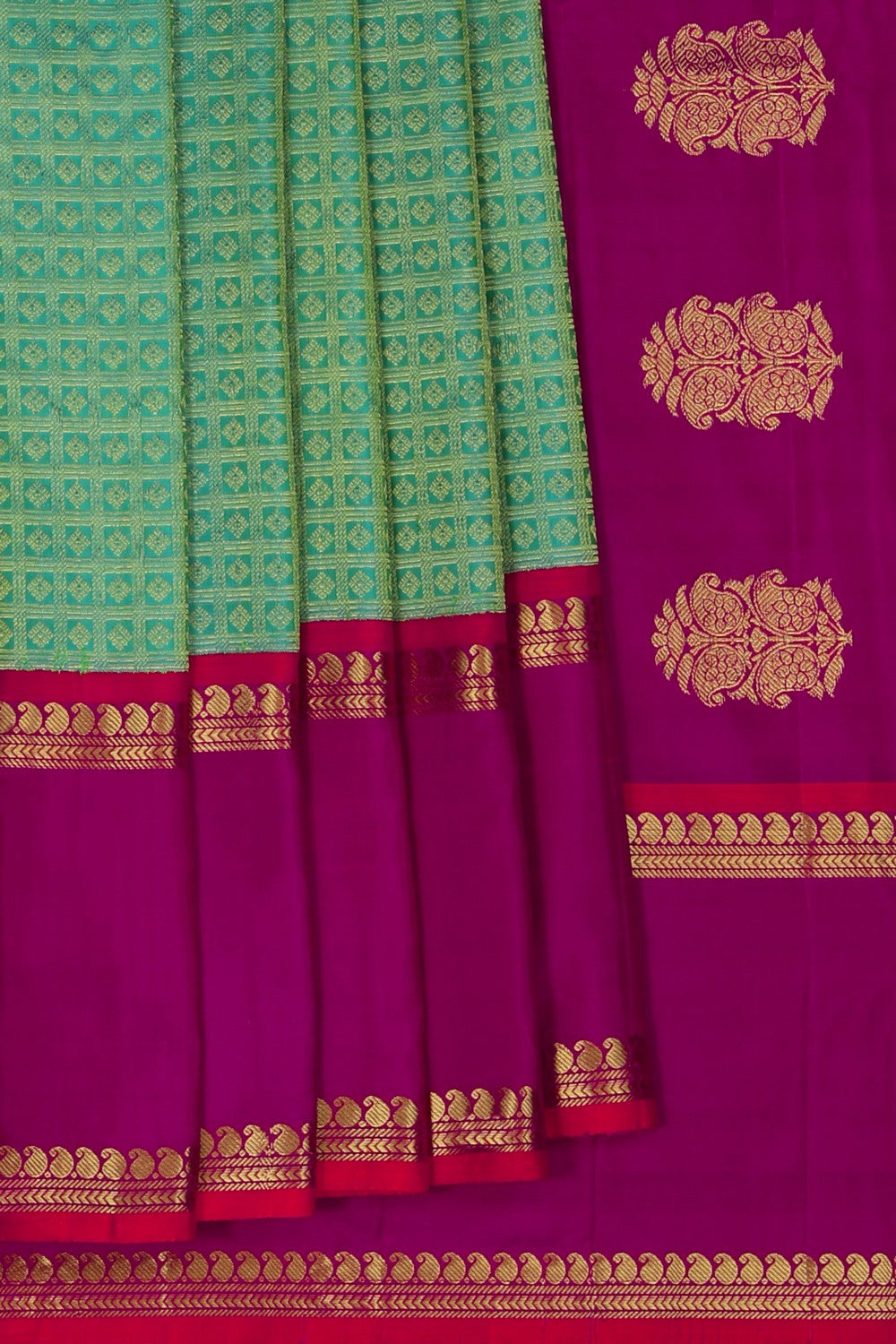 Image of Gadwal Silk Kattam Green Saree