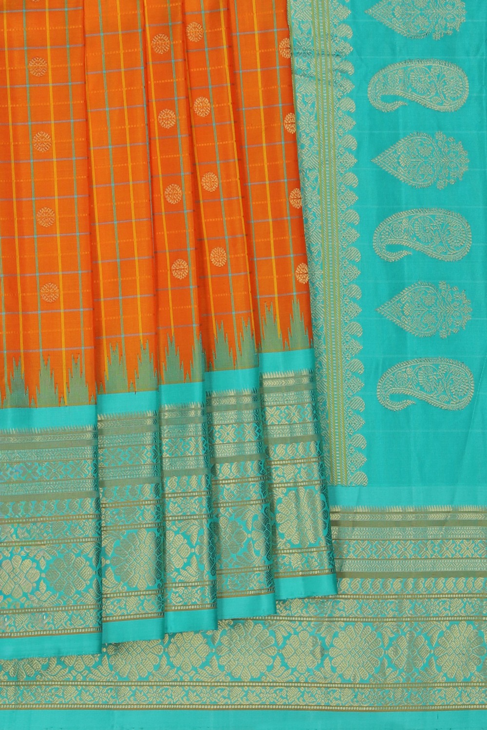 Image of Gadwal Silk Kattam Sunset Orange Saree