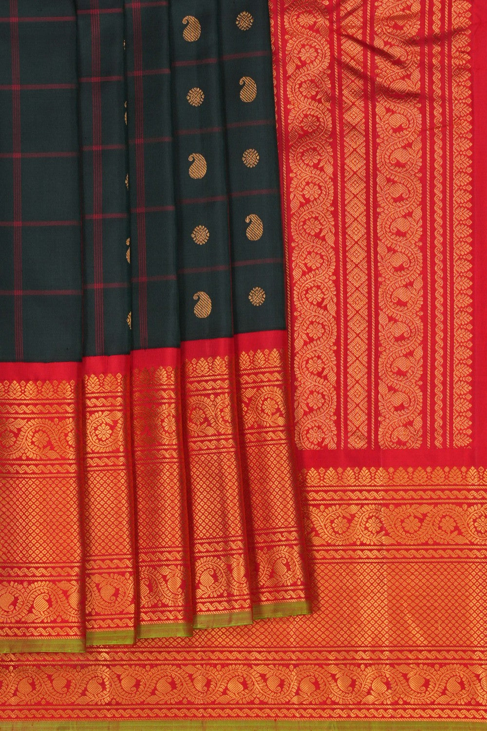 Image of Gadwal Silk Kattam Bottle-Green Saree