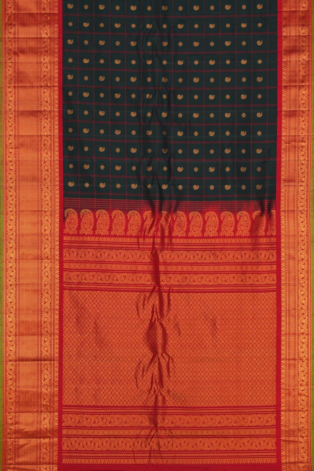 Image of Gadwal Silk Kattam Bottle-Green Saree