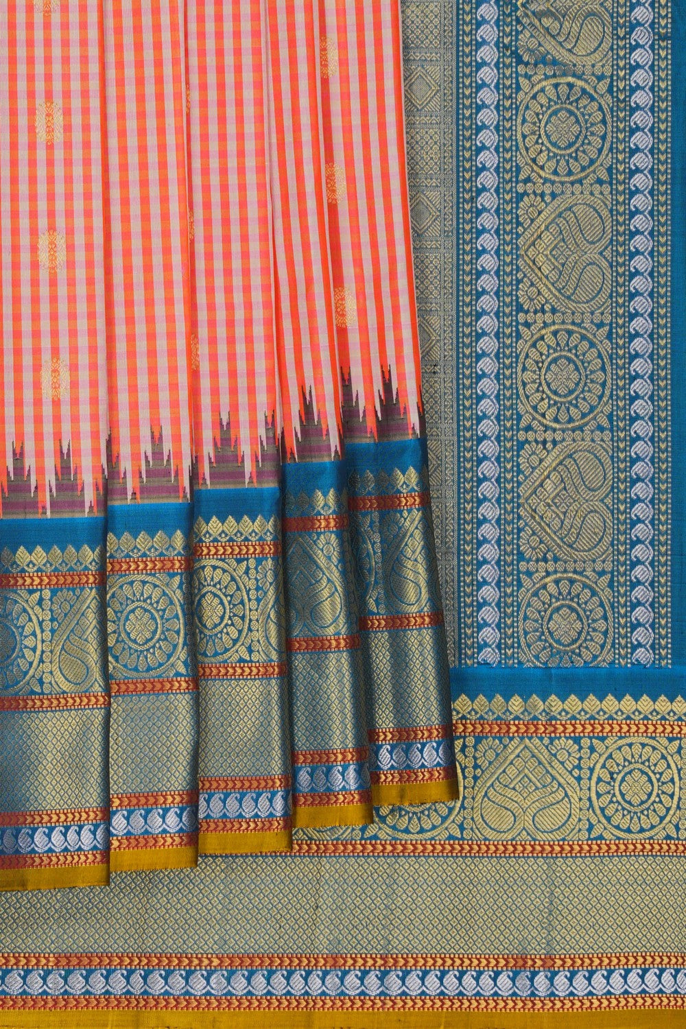 Image of Gadwal Silk Kattam Coral-Pink Saree