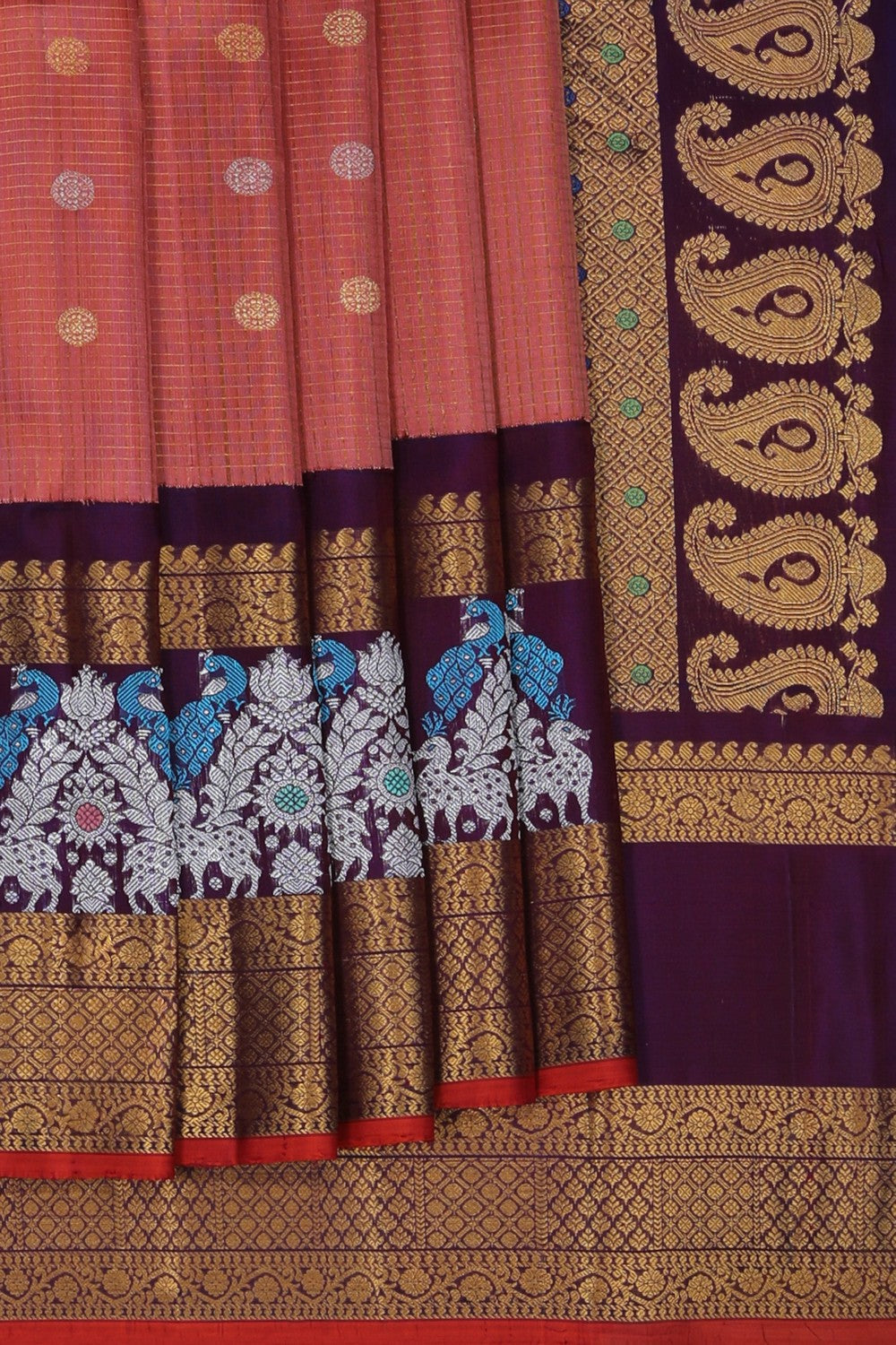 Image of Gadwal Silk Kattam Peach Saree
