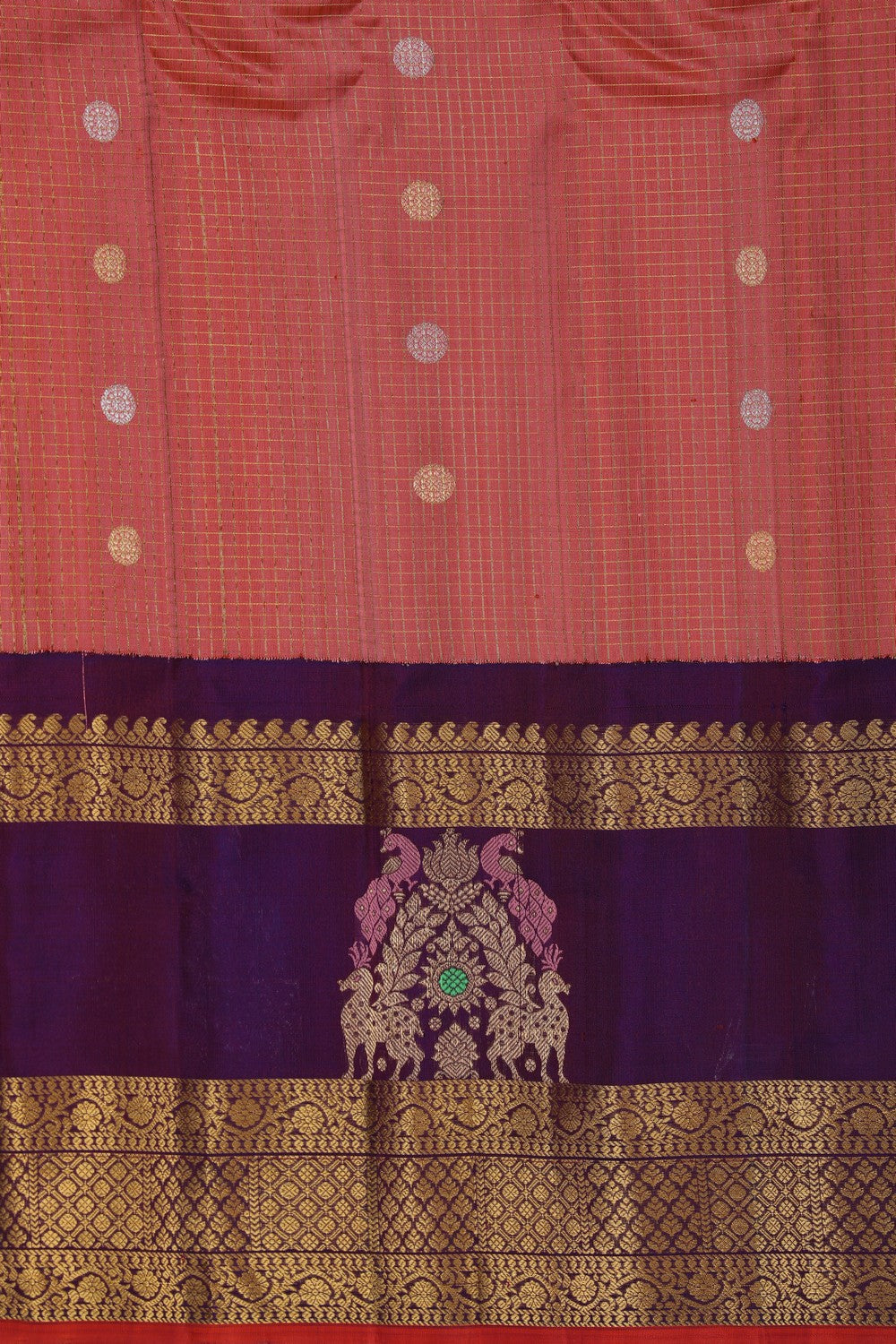 Image of Gadwal Silk Kattam Peach Saree