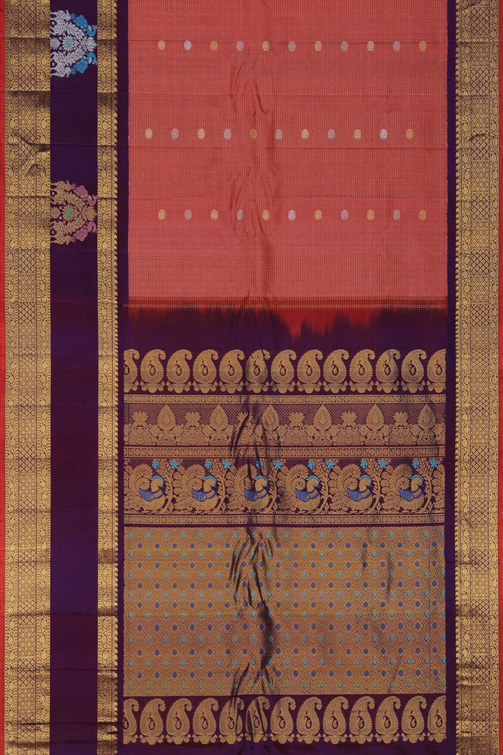 Image of Gadwal Silk Kattam Peach Saree