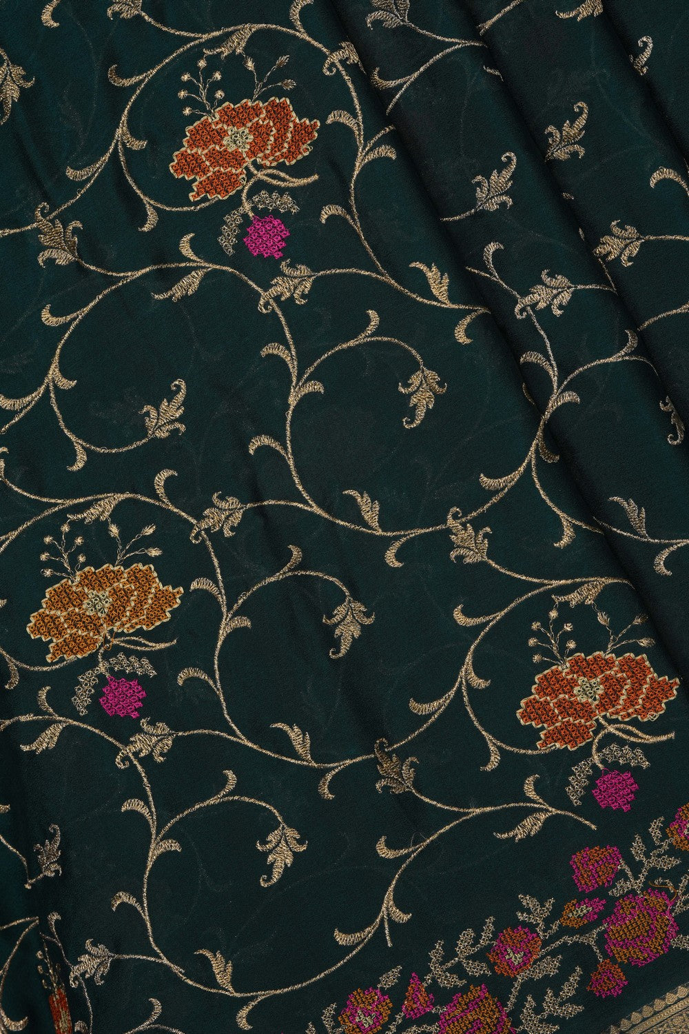 Image of Green Crepe Embroidery Saree