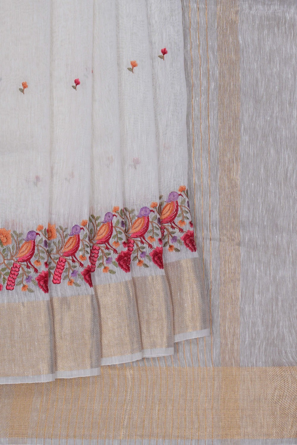 Image of Linen Embroidered Off-White Saree