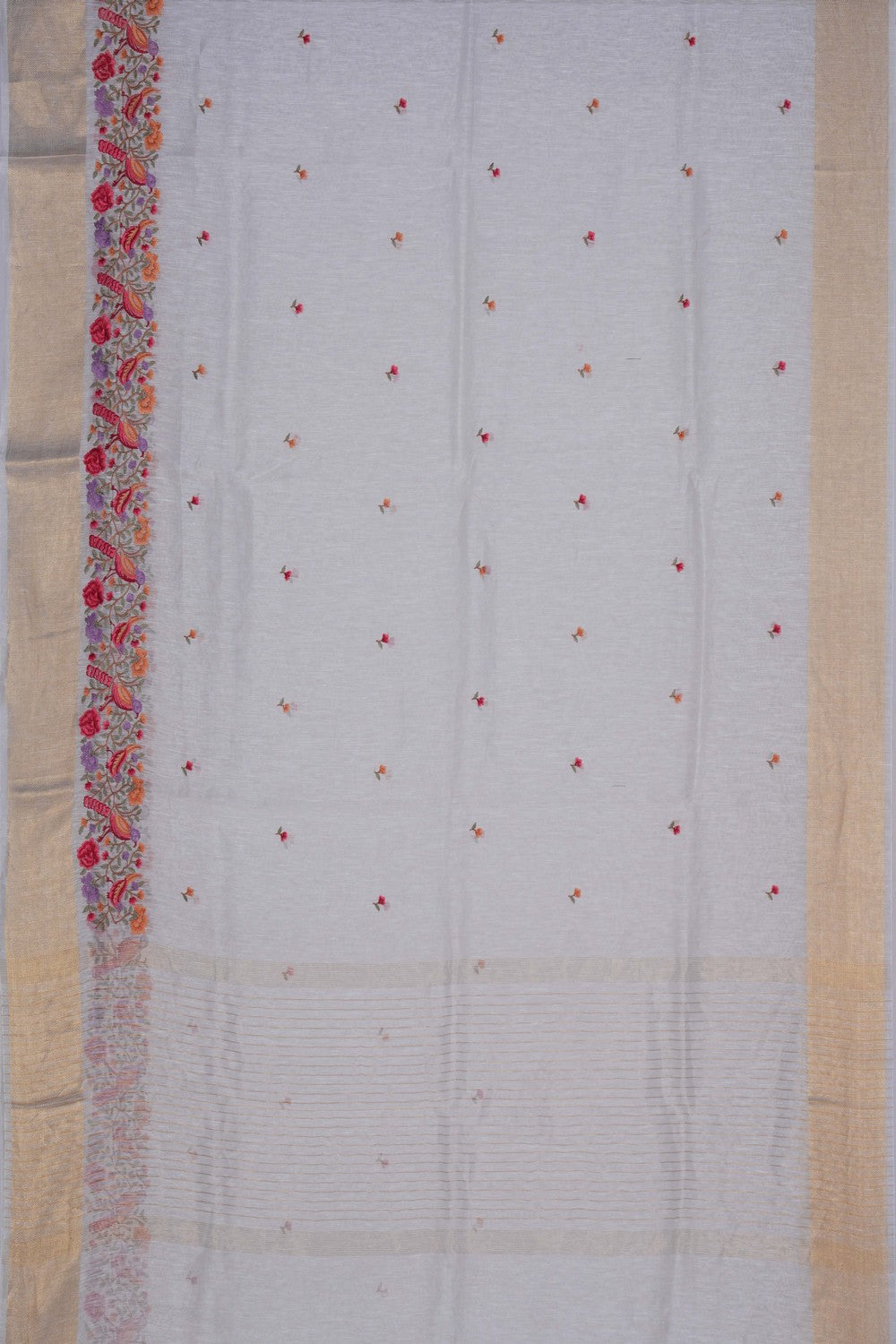 Image of Linen Embroidered Off-White Saree