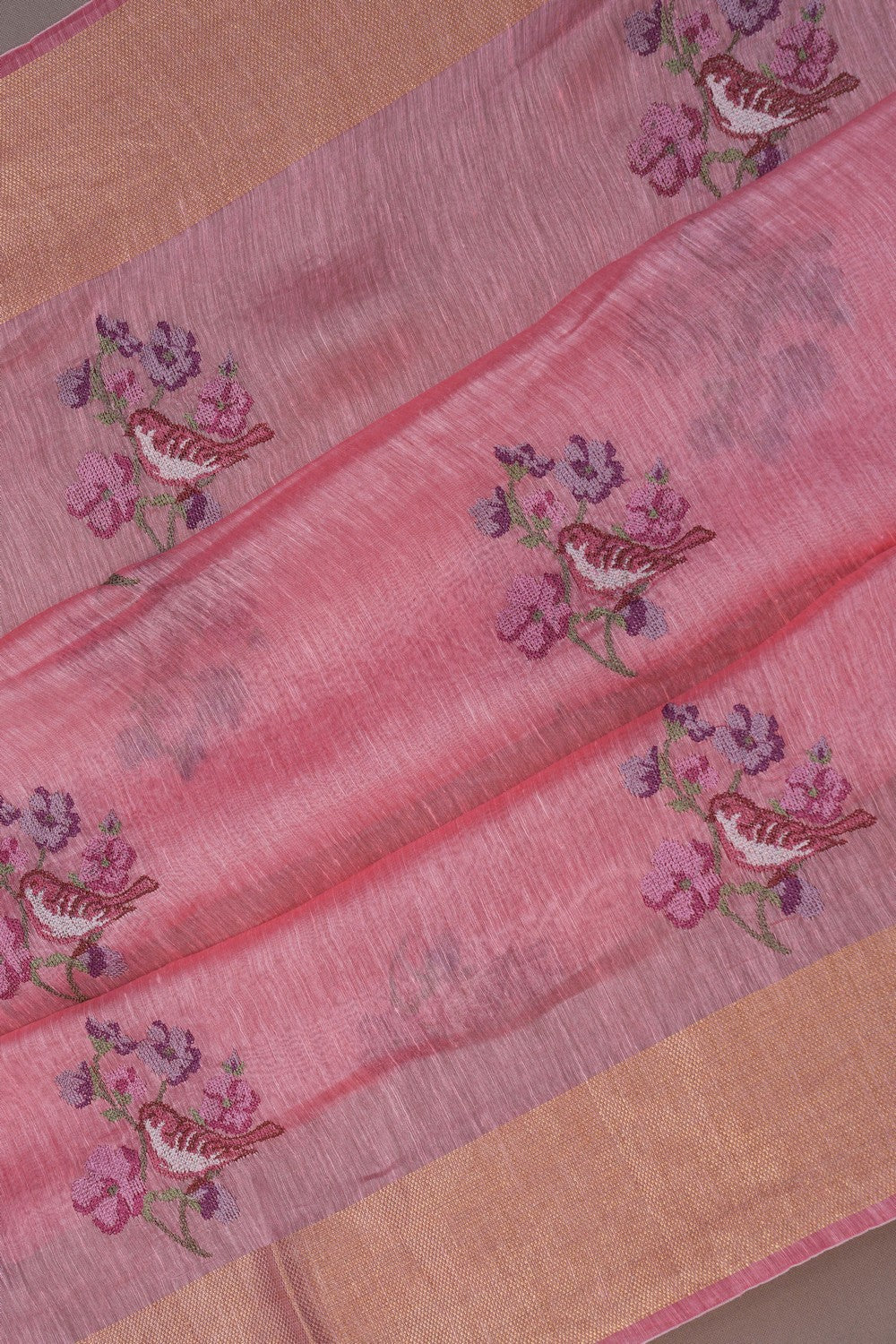 Image of Linen Embroidered Coral Pink Saree