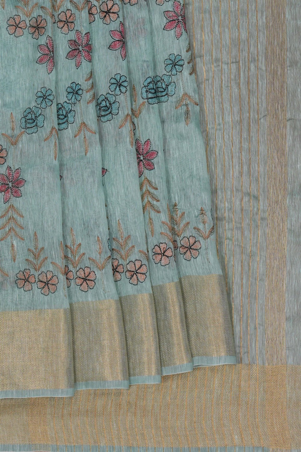 Image of Linen Embroidered Aqua-Green Saree