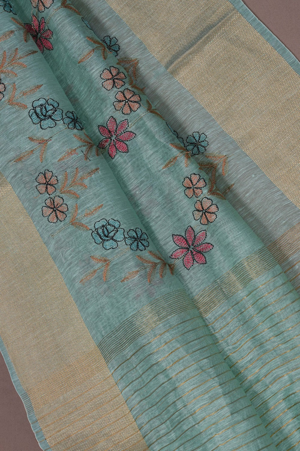 Image of Linen Embroidered Aqua-Green Saree