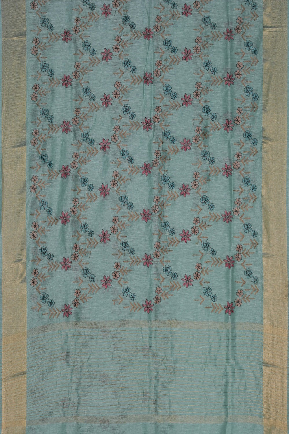 Image of Linen Embroidered Aqua-Green Saree