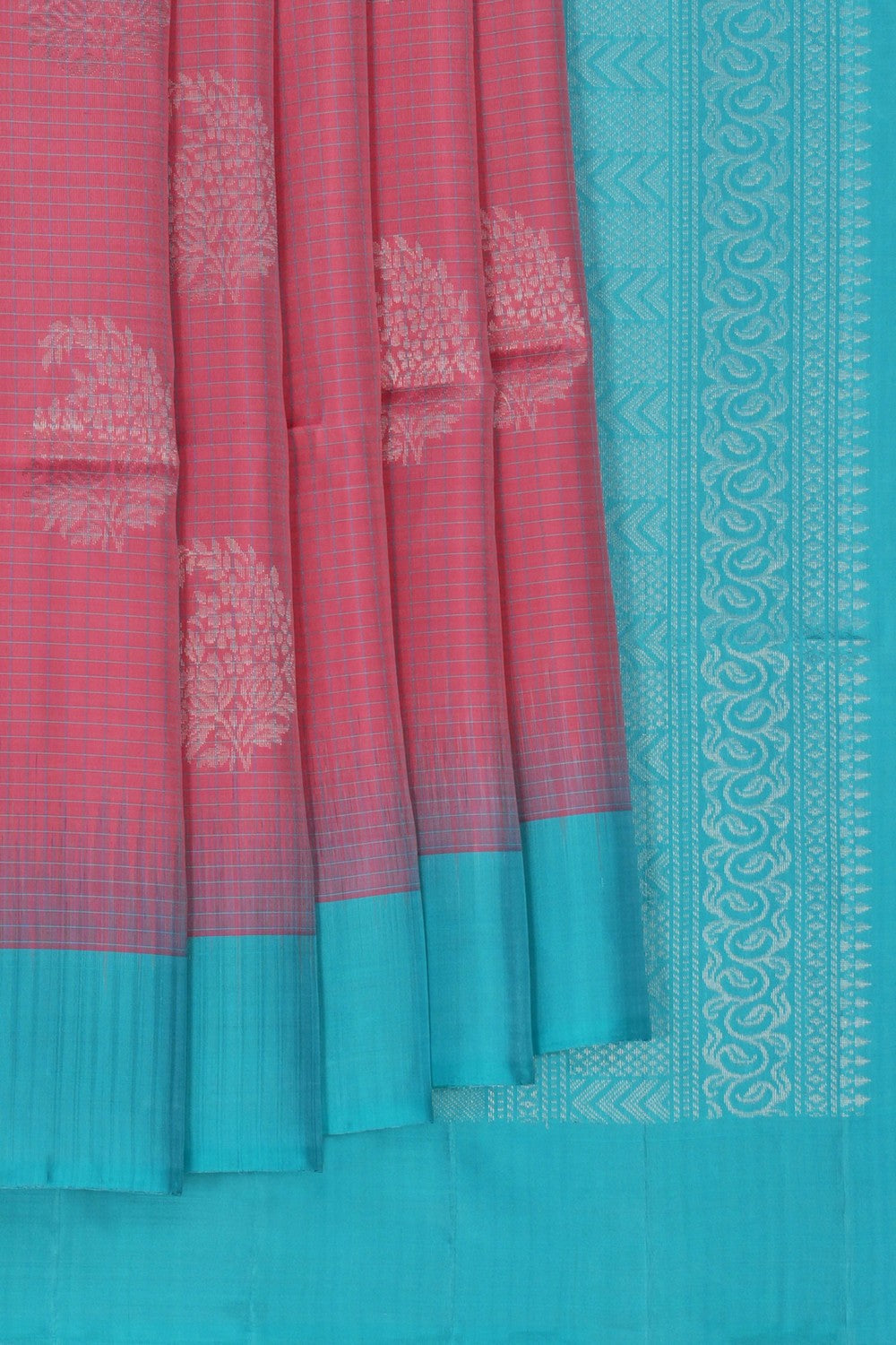 Image of South Silk Kattam Coral-Pink Saree