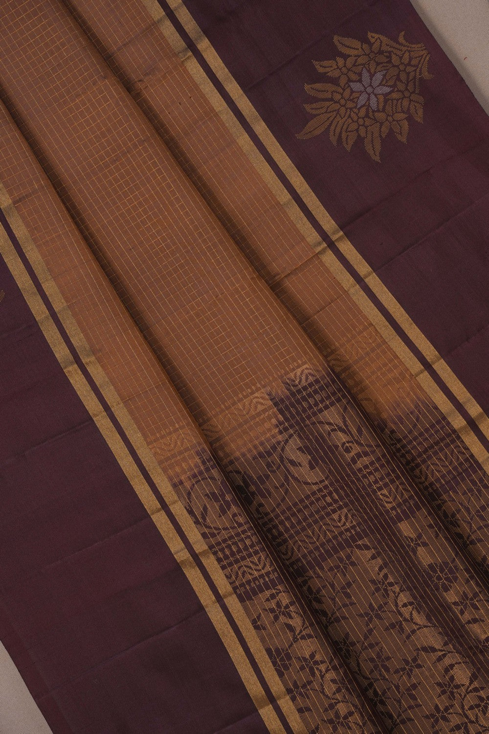 Image of Kanchi Silk Kattam Caramel Brown Saree