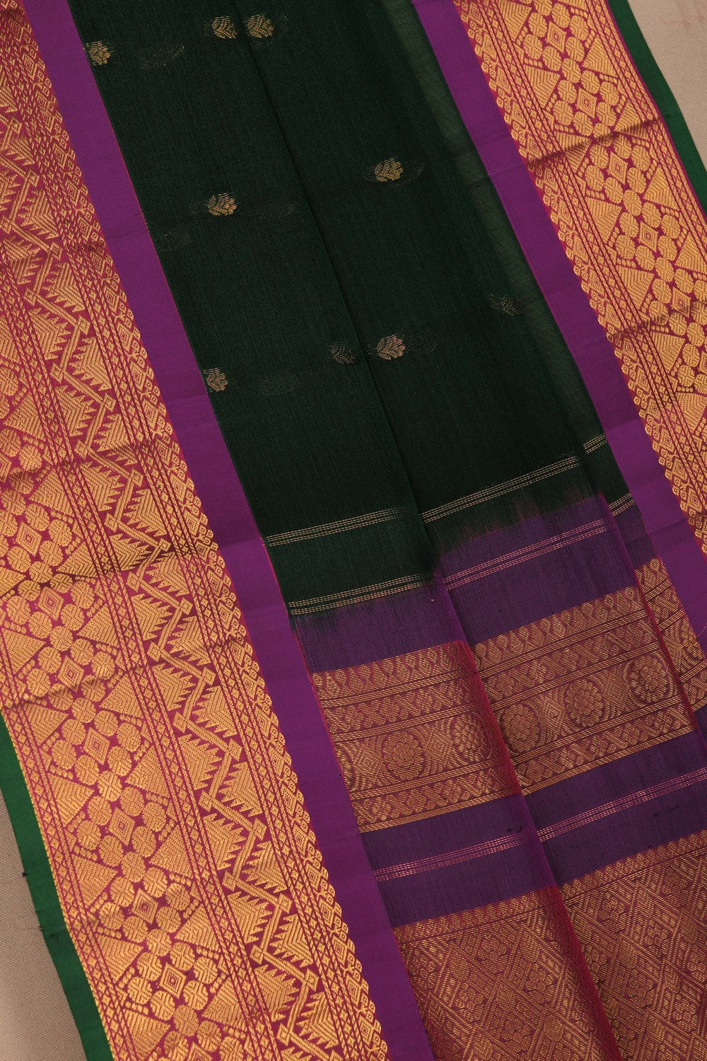Image of Gadwal Cotton Silk Bottle Green Saree