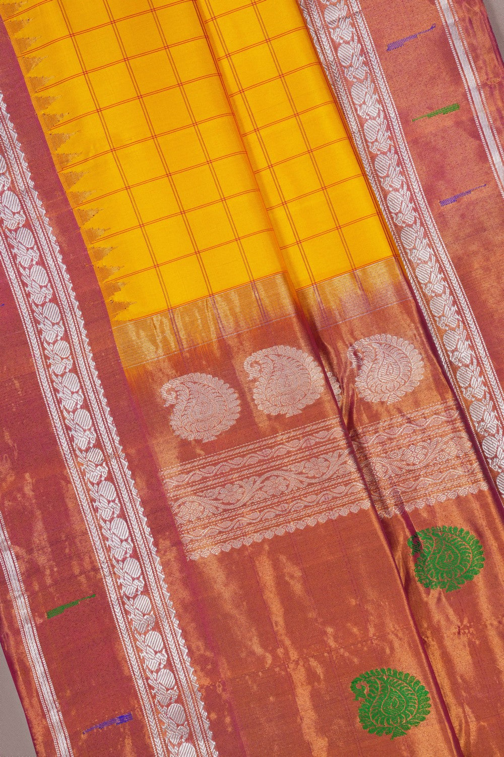 Image of Gadwal Silk Kattam Yellow Saree