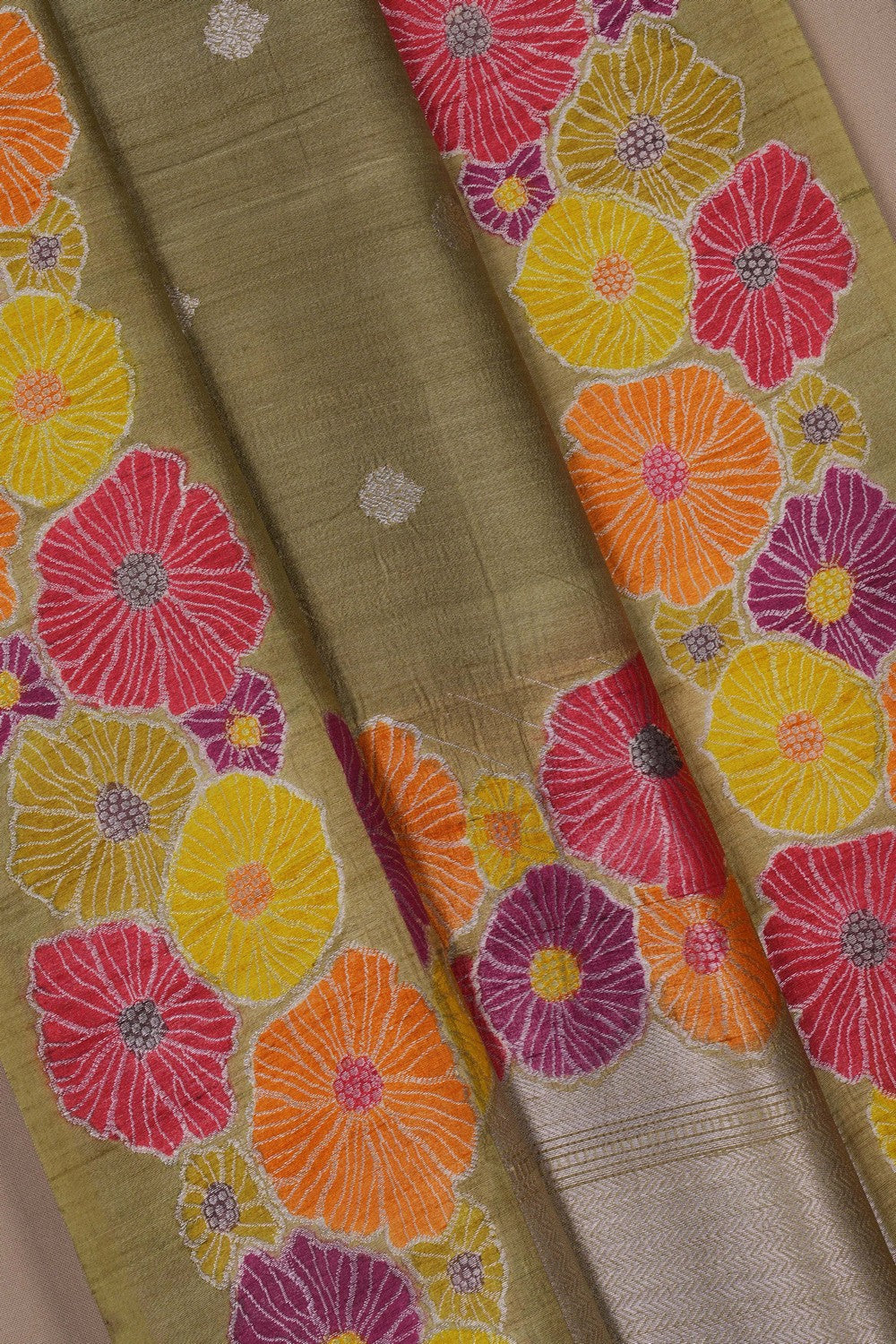 Image of Banarasi Tussar Silk Moss-Green Saree