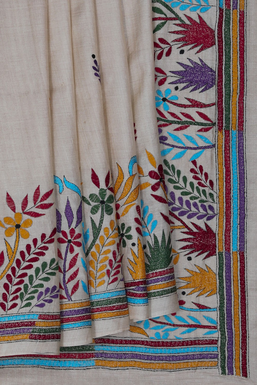 Image of Tussar Silk Kantha Embroidery Saree