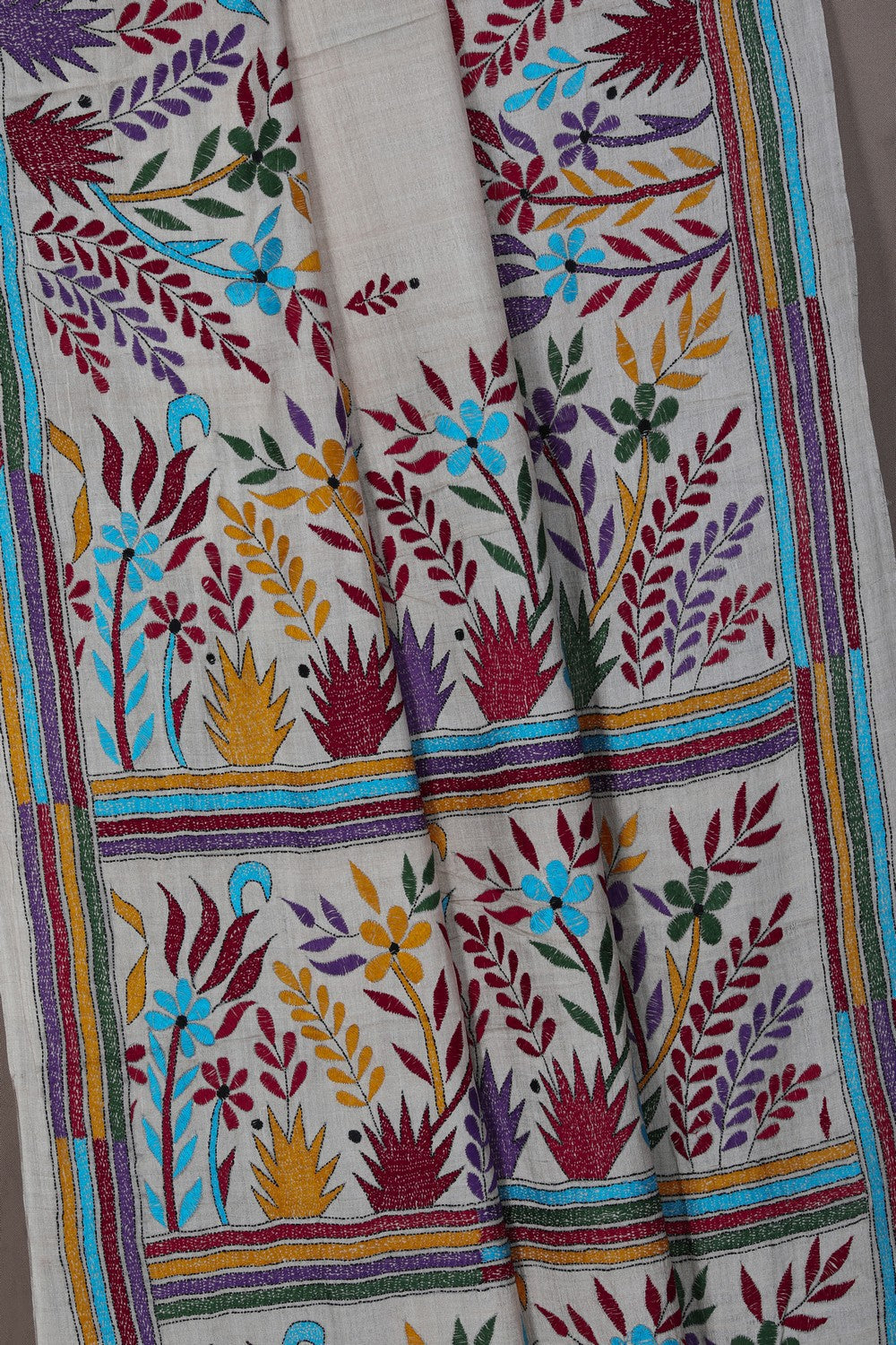 Image of Tussar Silk Kantha Embroidery Saree
