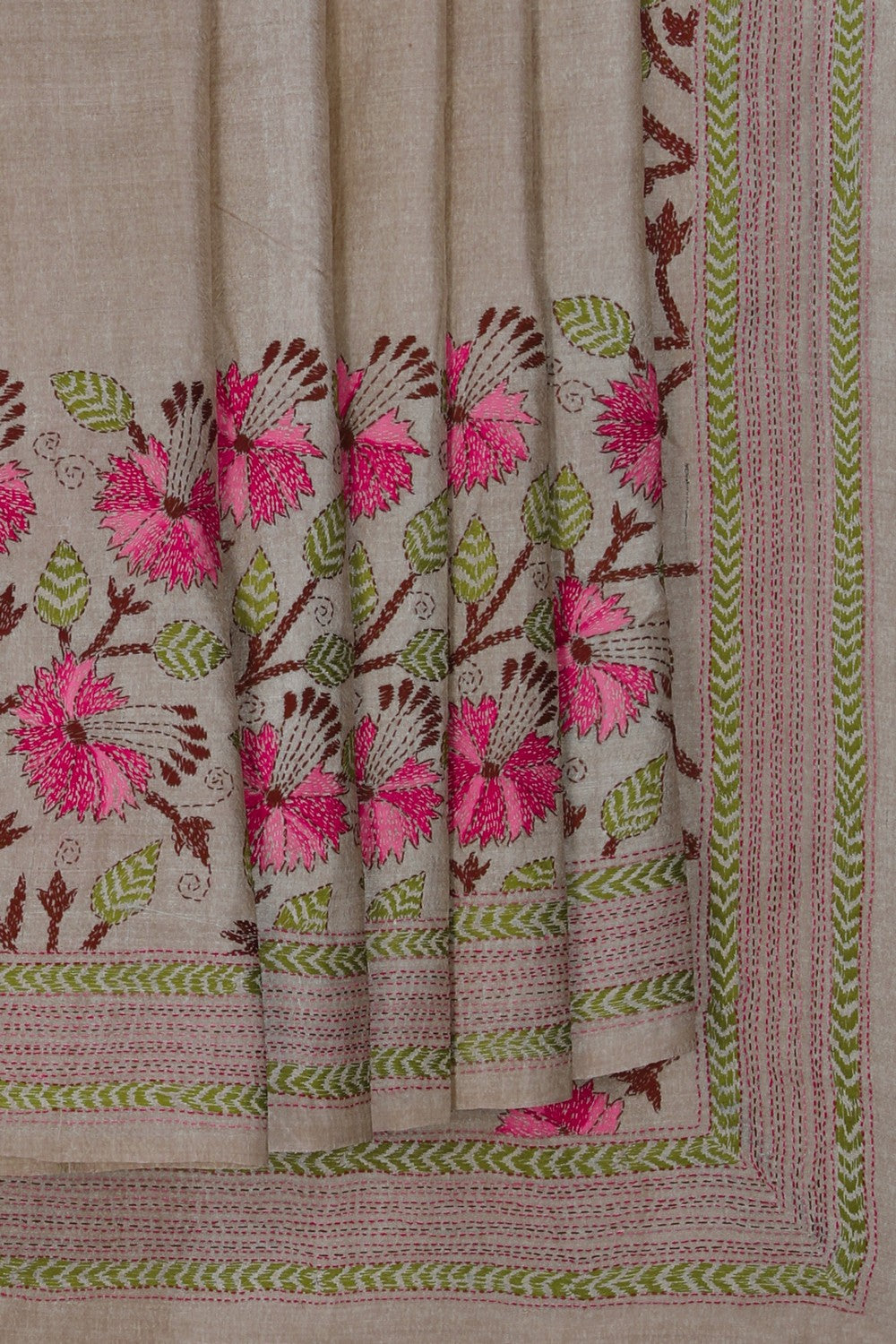 Image of Tussar Silk Kantha Embroidery Saree